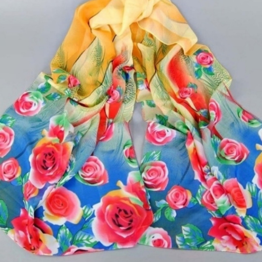⚘Chiffon Scarf Pastel Yellow w/ Roses ⚘